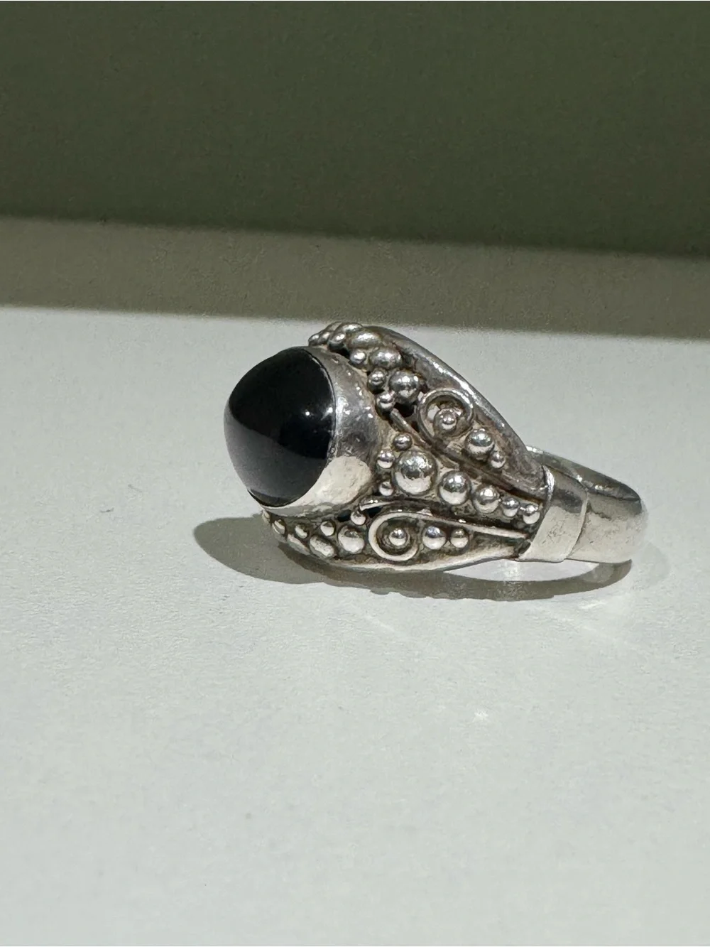 Vintage Balinese Black Onyx Cabochon Sterling Silver Ring